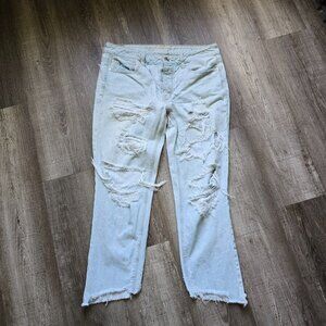 American Eagle Jeans Womens Size 10 Button Fly Light Acid Wash Distressed Angled